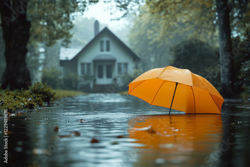 A vibrant orange umbrella stands upright in a flooded area, surrounded by trees and a house in the background. The scene is set in a rainy atmosphere, with reflections in the water.