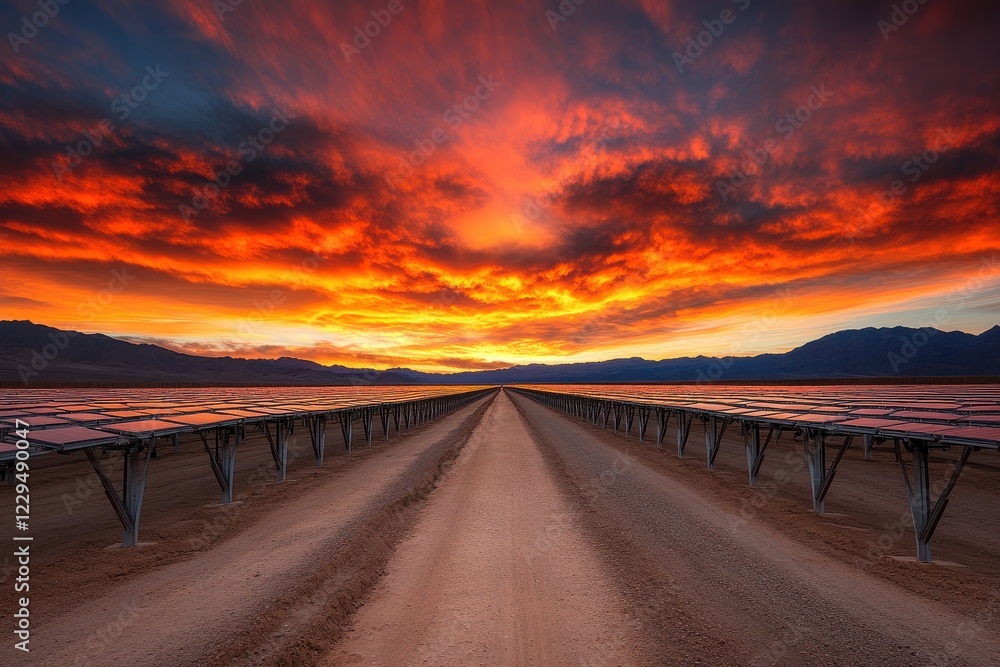 Vibrant sunset over solar panel landscape. Vibrant sunset over solar panel landscape.