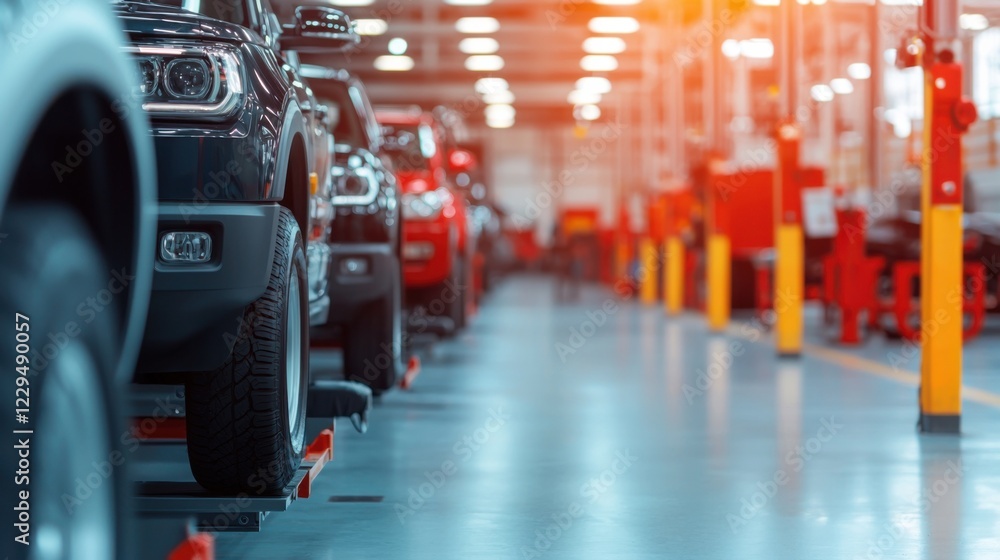 Rows of cars in a modern automotive production facility with bright lighting and an assembly line in the background. Rows of cars in a modern automotive production facility with bright lighting and an assembly line in the background.