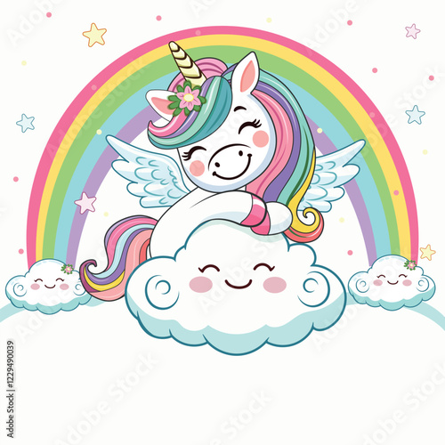 Template with cute humble unicorn with horn and wings hugs cloud on white background. Poster, Banner, Flyer, Greeting Card. Vector illustration in flat cartoon style