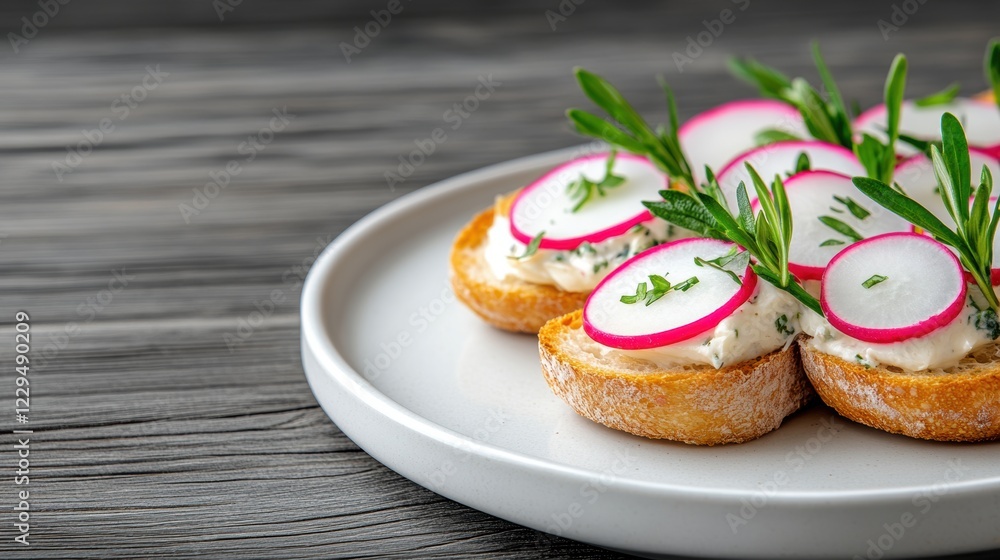 gourmet appetizer presentation, spring radish and herb butter crostini beautifully presented on a white plate against a rustic wooden backdrop with space for text gourmet appetizer presentation, spring radish and herb butter crostini beautifully presented on a white plate against a rustic wooden backdrop with space for text