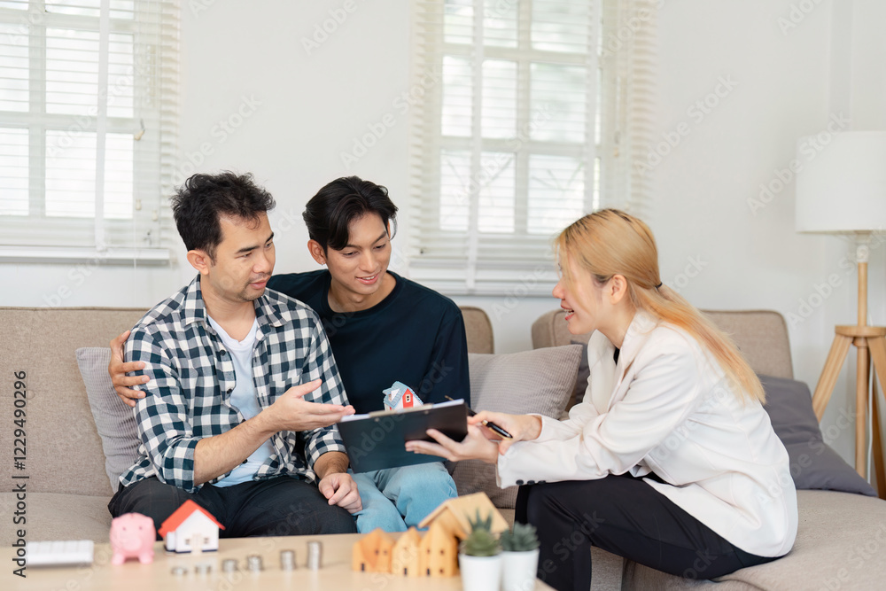 Fototapeta premium Diverse LGBTQ couple consulting with a real estate agent about home buying.