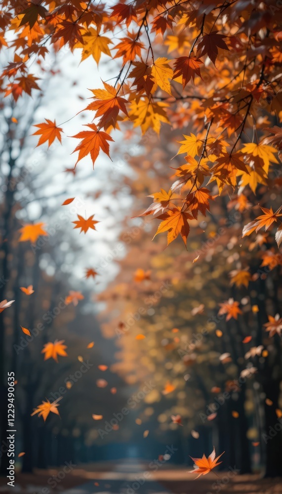 Autumn leaves falling on a tree-lined path in soft light. Autumn leaves falling on a tree-lined path in soft light.