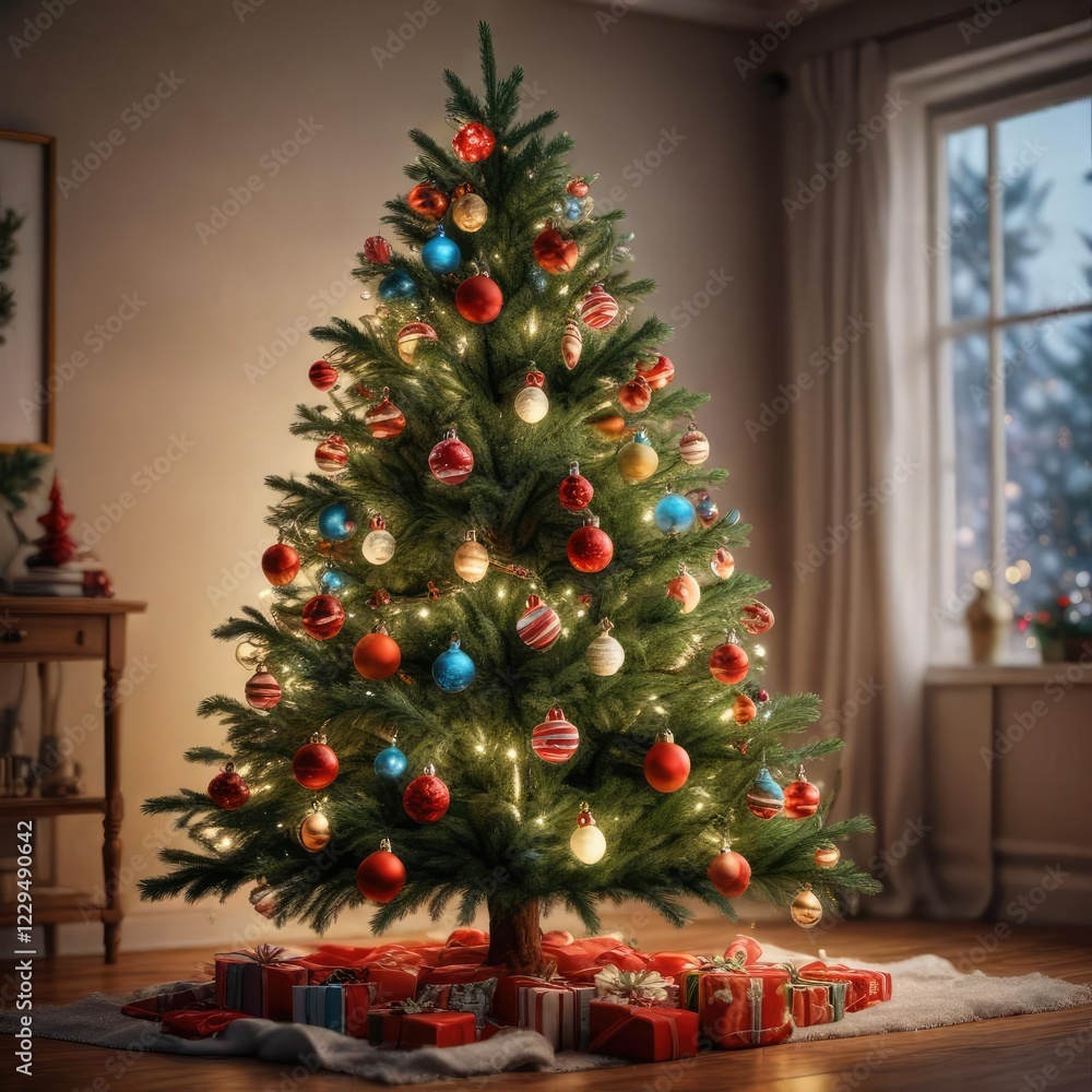 Decorated Christmas tree with ornaments and lights, lights, evergreen Decorated Christmas tree with ornaments and lights, lights, evergreen