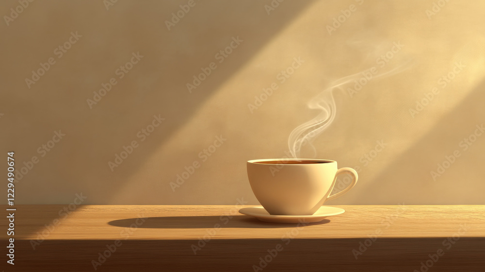 A steaming cup of coffee on a wooden table, against a muted beige backdrop A steaming cup of coffee on a wooden table, against a muted beige backdrop