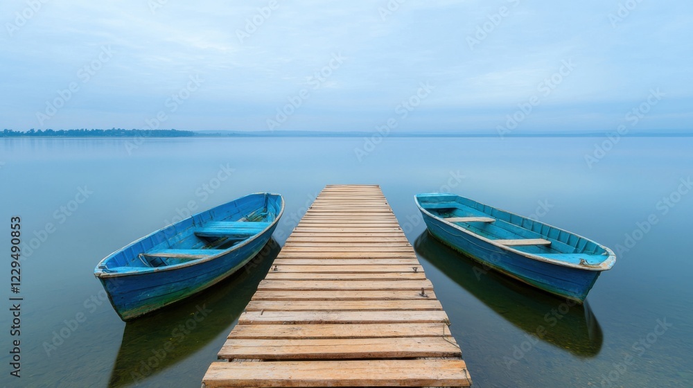 Serene view of two blue boats docked at a wooden pier, set against calm waters and a cloudy sky, perfect for relaxation and escape. Serene view of two blue boats docked at a wooden pier, set against calm waters and a cloudy sky, perfect for relaxation and escape.