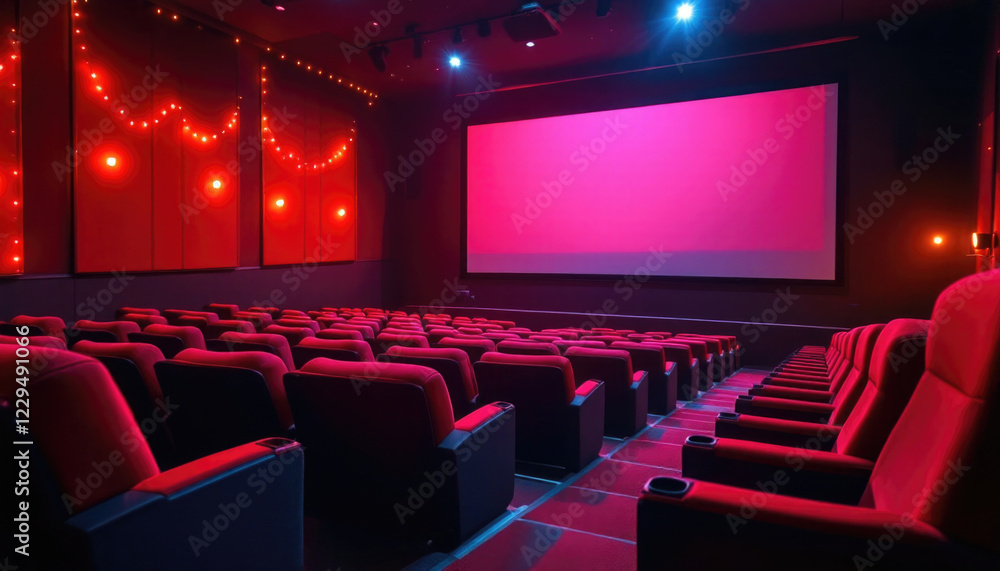 Obraz premium Empty modern cinema with red seats and illuminated screen at night. The 14th of February. Happy Valentine's Day