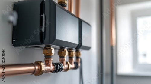 Modern Home Plumbing System: Copper Pipes and Compact Heat Exchanger
