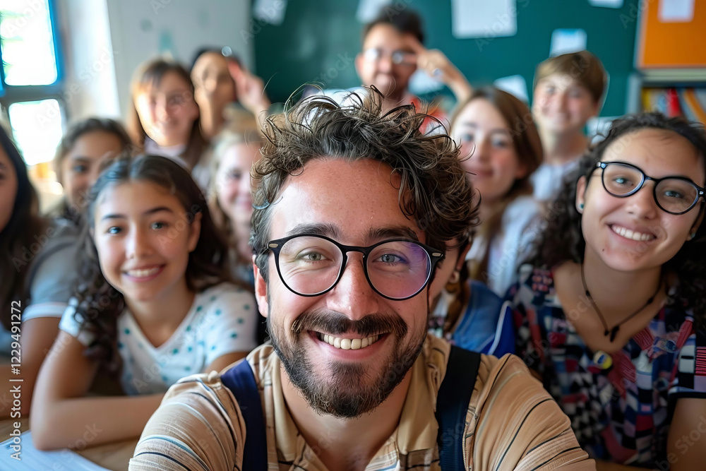 Fototapeta premium The image shows a group of young Erasmus students happily posing for a selfie with their teacher in a classroom.