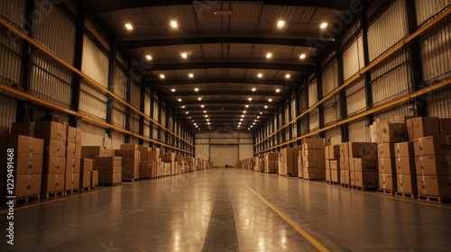 Wallpaper Mural Spacious warehouse interior with neatly stacked boxes. Industrial setting with concrete floor and bright overhead lighting. Torontodigital.ca