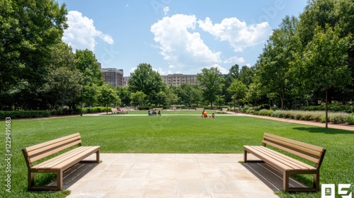 Fototapeta Naklejka Na Ścianę i Meble -  Sunny park with wooden benches, green grass, and lush trees under a blue sky with clouds, ideal for relaxation and leisure.