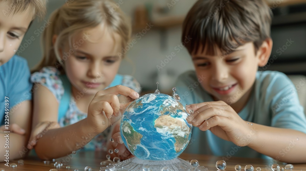Children engaged in playful learning with a globe surrounded by bubbles in a cozy indoor setting Children engaged in playful learning with a globe surrounded by bubbles in a cozy indoor setting