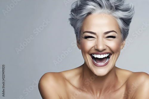 Woman with Silver Hair Laug...