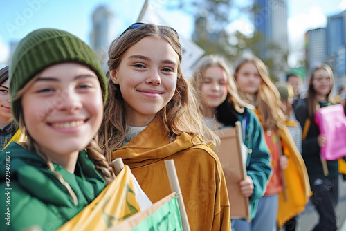 Young activists rallying for climate justice with banners in city protest. photo