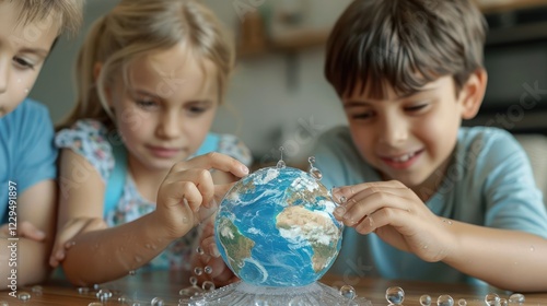 Children engaged in playful learning with a globe surrounded by bubbles in a cozy indoor setting