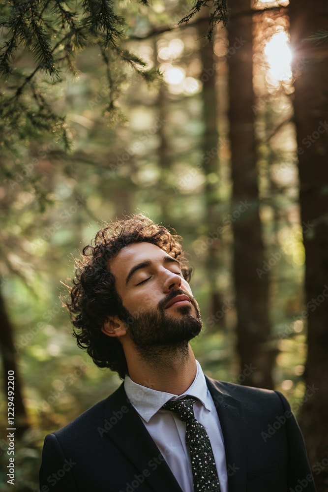 Portrait of a businessman in a suit standing outdoors in a serene forest, eyes closed, embracing a moment of tranquility and connection with nature Portrait of a businessman in a suit standing outdoors in a serene forest, eyes closed, embracing a moment of tranquility and connection with nature