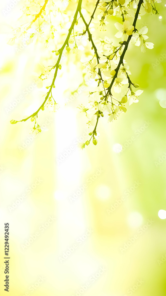 Obraz premium Blooming tree branch with delicate white flowers creates a serene and beautiful spring scene.