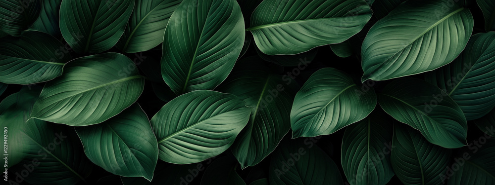 Fototapeta premium Close-Up Photo of Lush Exotic Sap Leaves with Vibrant Colors and Textures Lit by Soft Sunlight Against a Dark Green Background, Captured in High-End Botanical Photography Style. Generative AI