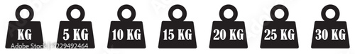 Weight icon set. Weight icon set_1kg,5kg,10kg,15kg,20kg,25kg and 30kg.heavy sign. Iron dumbbell symbol in vector flat. Metal weight of heavy mass sign collection. Weight kilogram signs. 