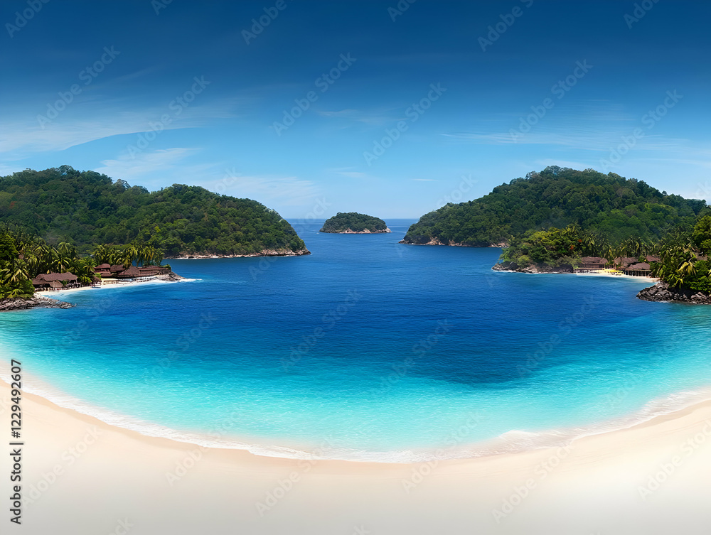 Tropical Island Resort Nestled Between Lush Green Hills Meets Crystal-Clear Turquoise Waters Under a Bright Blue Sky. Tropical Island Resort Nestled Between Lush Green Hills Meets Crystal-Clear Turquoise Waters Under a Bright Blue Sky.