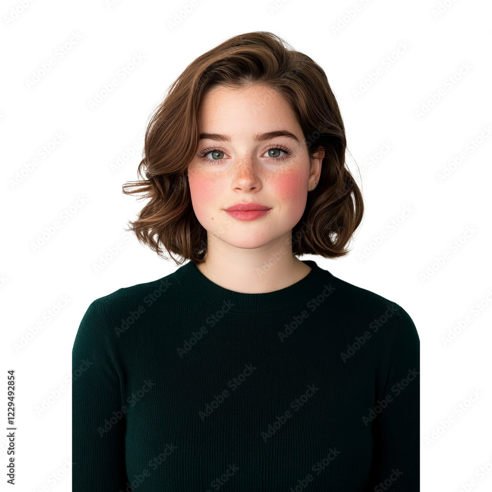 Young woman with wavy brown hair and natural makeup against a neutral background Young woman with wavy brown hair and natural makeup against a neutral background