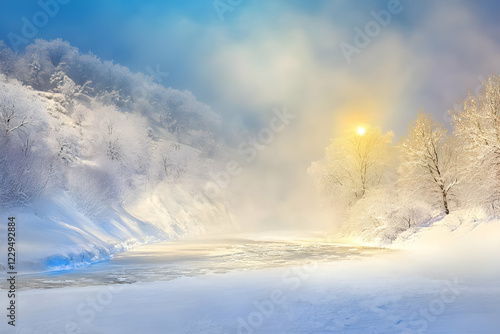 Wallpaper Mural Frozen River Flows Through Snowy Landscape Under a Golden Sunrise with frosty Trees and a Misty Atmosphere Torontodigital.ca