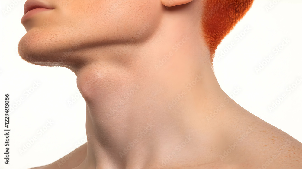 Obraz premium Close-up Photo of a Person's Neck and Chin with Red Hair Shows Smooth Skin and Freckles Clearly on White Background.