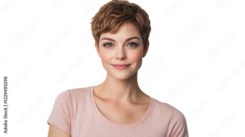 Young woman with short hair poses confidently in a light pink top against a white background while smiling warmly at the viewer Young woman with short hair poses confidently in a light pink top against a white background while smiling warmly at the viewer