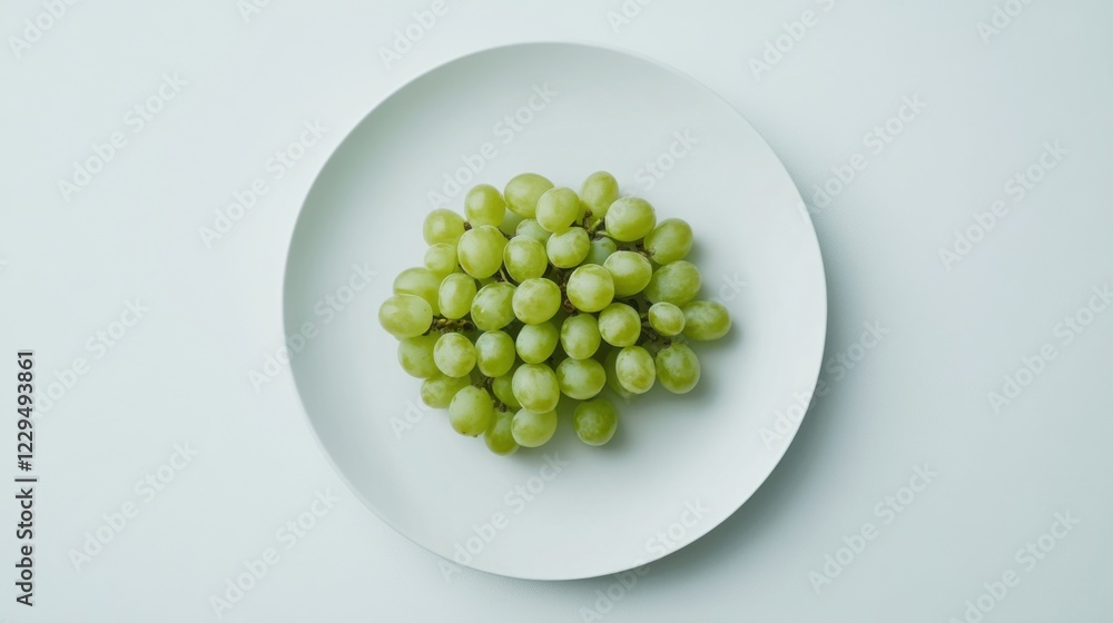 A minimalist plate of fresh green grapes, neatly arranged in a simple pattern on a plain white ceramic plate, Grapes centered A minimalist plate of fresh green grapes, neatly arranged in a simple pattern on a plain white ceramic plate, Grapes centered