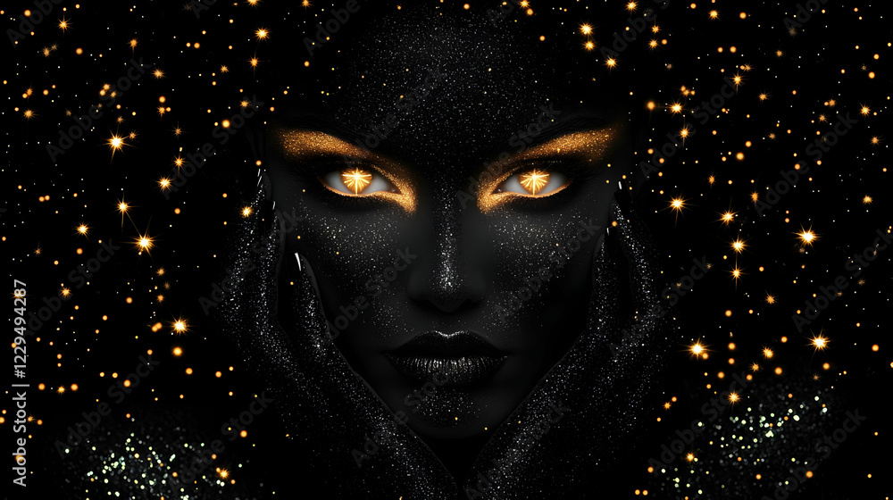 Dark Portrait Art with Glowing Eyes and Golden Glitter Sparkles Beautifully on Black Background Dark Portrait Art with Glowing Eyes and Golden Glitter Sparkles Beautifully on Black Background