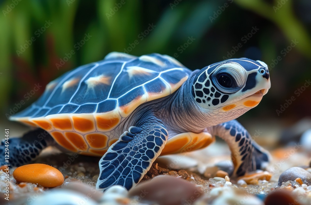 Fototapeta premium Close-up View of a Baby Sea Turtle Crawling on the Ocean Floor Surrounded by Colorful Pebbles and Coral Reefs in a Vibrant Underwater Environment