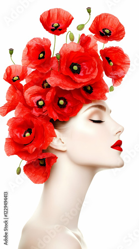 Woman with Red Poppies Hair...