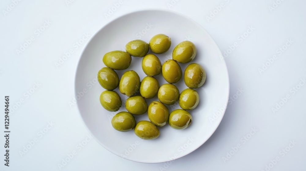A minimalist plate of fresh green olives, neatly arranged in a simple pattern on a plain white ceramic plate, Olives centered A minimalist plate of fresh green olives, neatly arranged in a simple pattern on a plain white ceramic plate, Olives centered