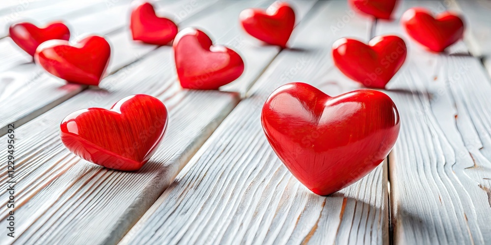 Fototapeta premium Red Wooden Hearts on White Wood, Shallow Depth of Field, Candid Photography