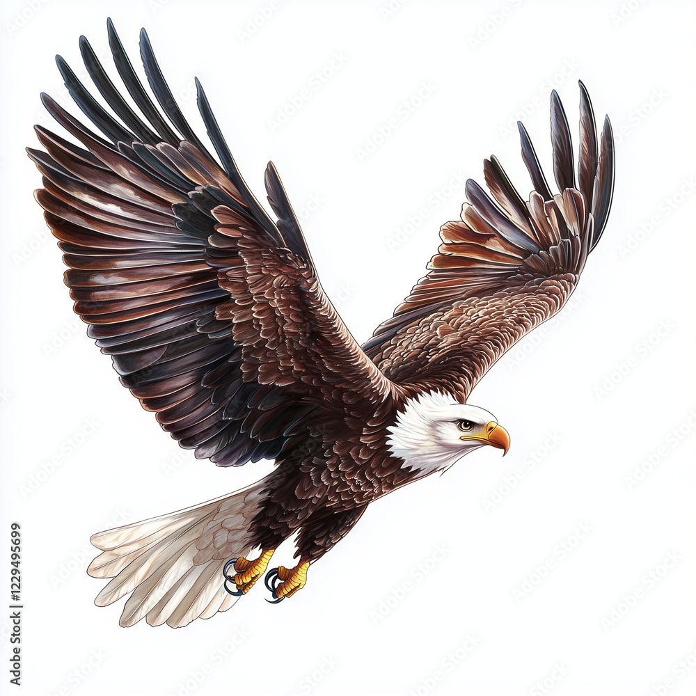 Obraz premium Illustration of the American Bold Eagle in flight, soft watercolor tones, white background, detailed illustration, cartoonish.