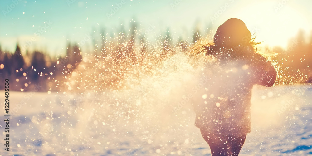 Silhouetted Person Runs Through Sparkling Snow at Sunset in Winter Wonderland Silhouetted Person Runs Through Sparkling Snow at Sunset in Winter Wonderland