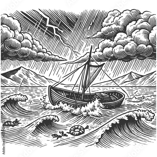 sailing ship battling rough waves and wind, capturing the drama and adventure of the sea sketch engraving generative ai vector illustration. Scratch board imitation. Black and white image.