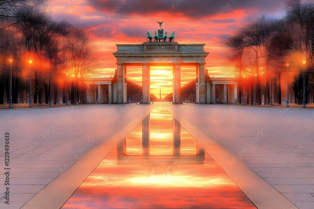 Obraz premium Triumphal Arch Reflects in Wet Pavement at Scenic Sunset with Dramatic Sky