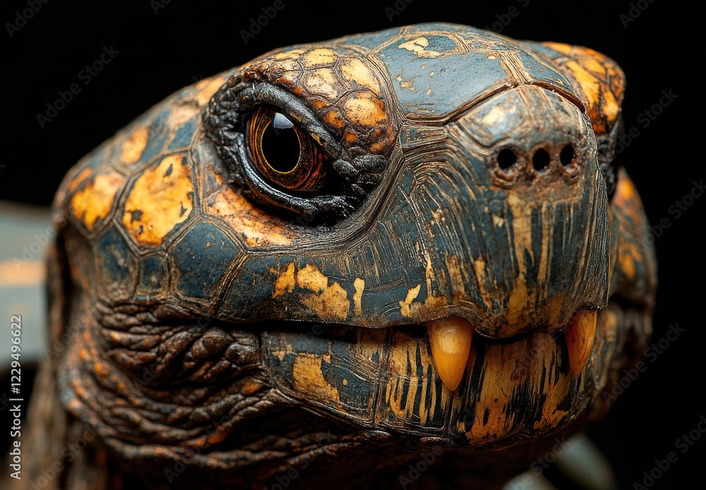 Close-Up View of an Intriguing Tortoise Head Featuring Unique Patterns, Textures, and Vibrant Colors on a Black Background Close-Up View of an Intriguing Tortoise Head Featuring Unique Patterns, Textures, and Vibrant Colors on a Black Background