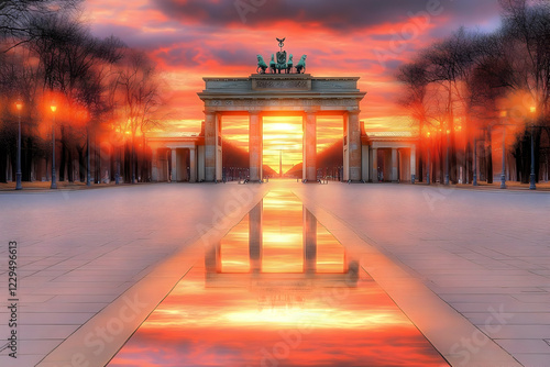 Triumphal Arch Reflects in Wet Pavement at Scenic Sunset with Dramatic Sky photo