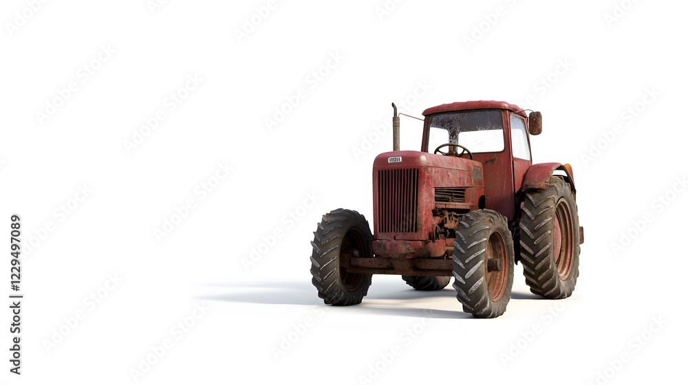 Aged red farm tractor, weathered and worn, stands against a white backdrop. Aged red farm tractor, weathered and worn, stands against a white backdrop.