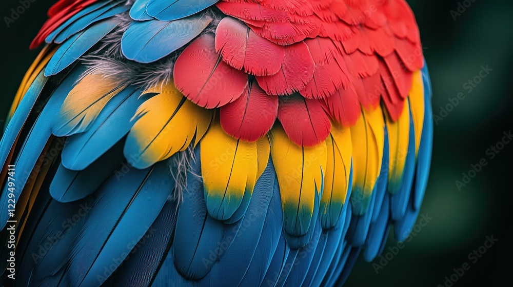 Fototapeta premium blue and yellow macaw parrot wings, Close up of the feathers of a parrot,Texture of beautiful feather Macaw bird 