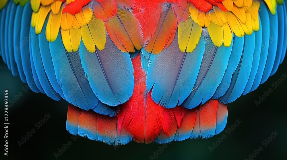 Fototapeta premium blue and yellow macaw parrot wings, Close up of the feathers of a parrot,Texture of beautiful feather Macaw bird 