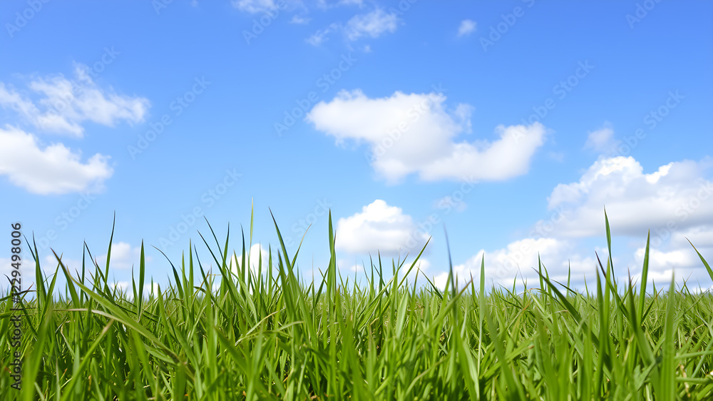 Obraz premium Green grass and blue sky with white clouds