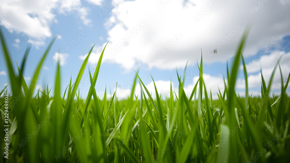 Obraz premium Green grass and blue sky with white clouds
