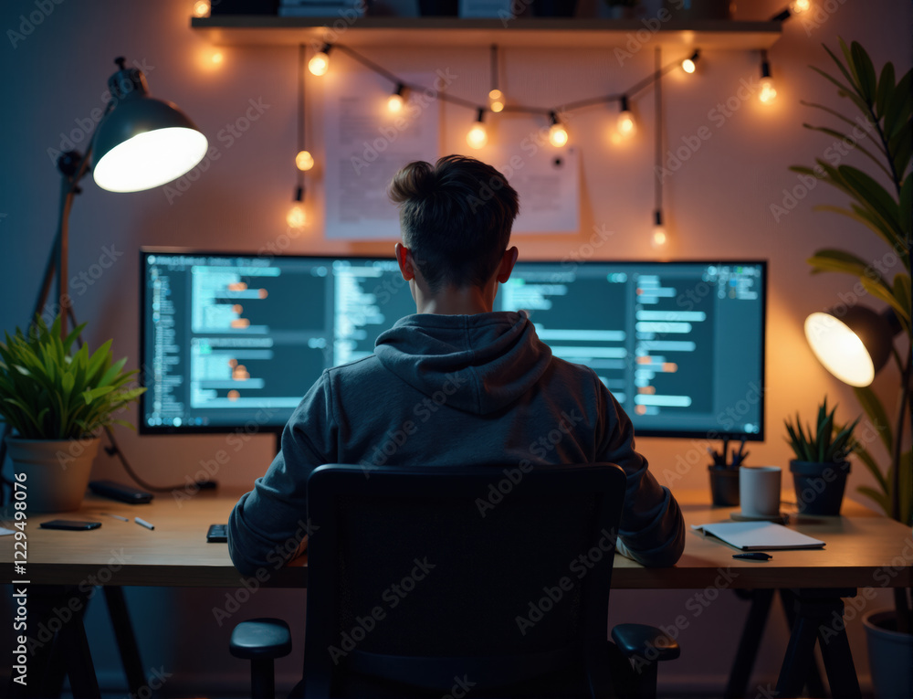A programmer works in a cozy room, coding on multiple screens with ambient lighting in the background. A programmer works in a cozy room, coding on multiple screens with ambient lighting in the background.