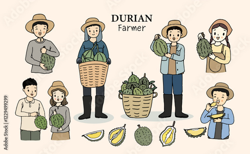 Durian farmer character set, hand drawn style vector illustration