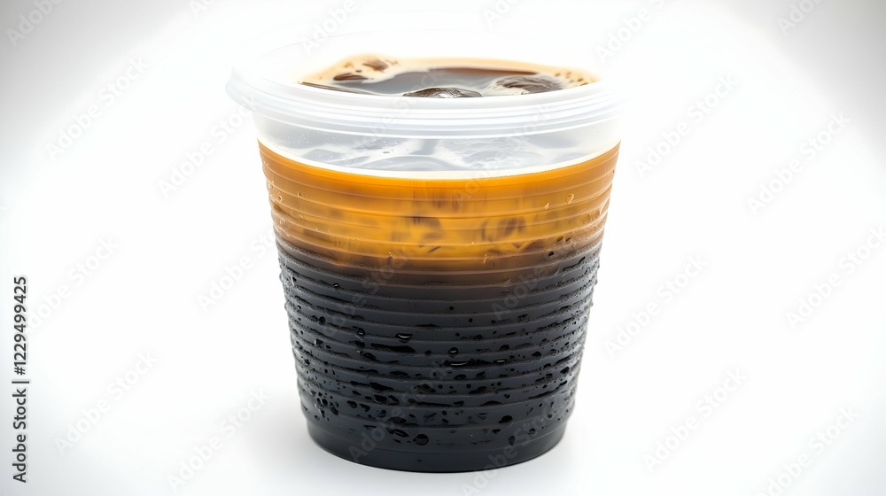 Iced Coffee in Plastic Cup with Condensation on White Background Iced Coffee in Plastic Cup with Condensation on White Background