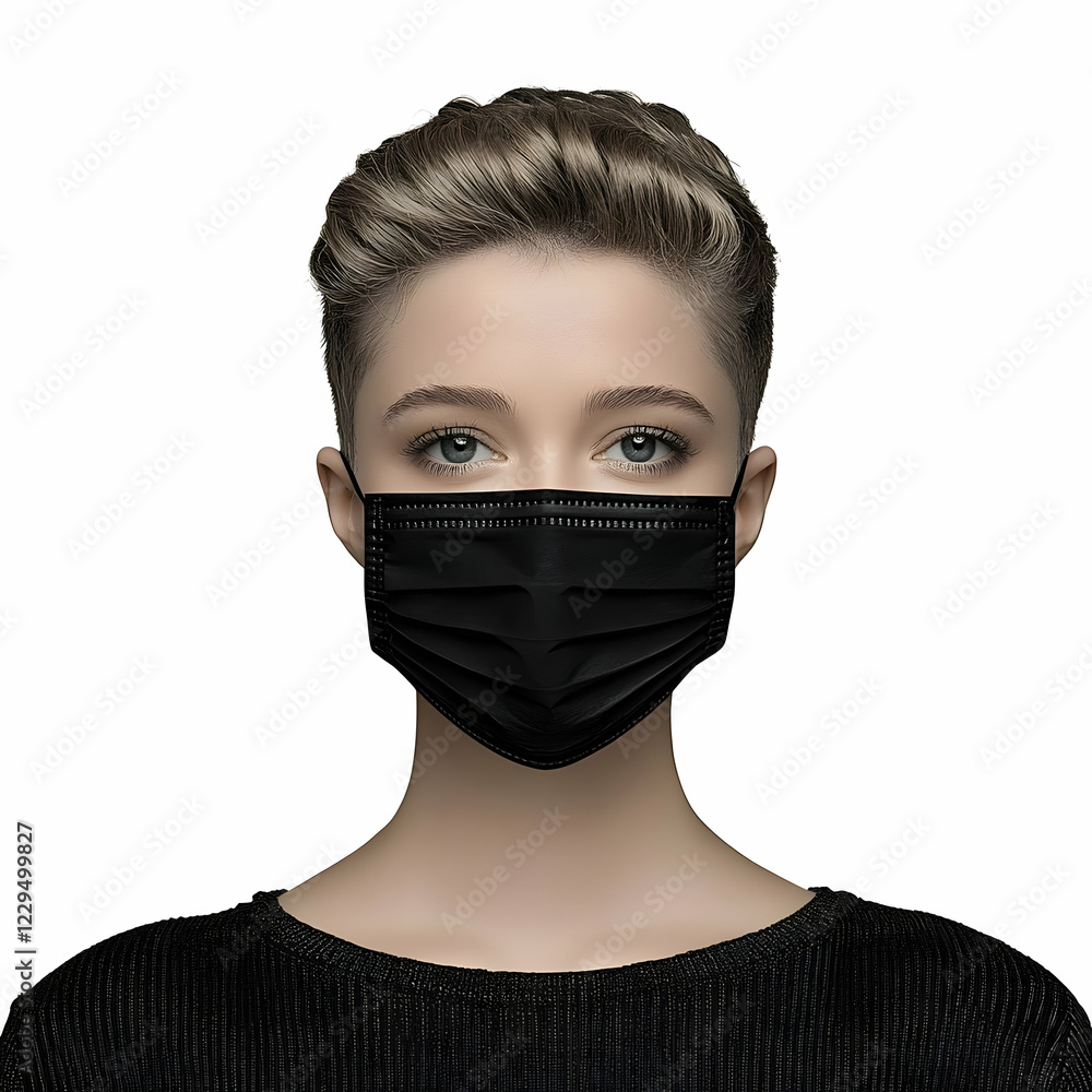 Person Wearing a Black Protective Face Mask Against a White Background Demonstrates Safety. Person Wearing a Black Protective Face Mask Against a White Background Demonstrates Safety.