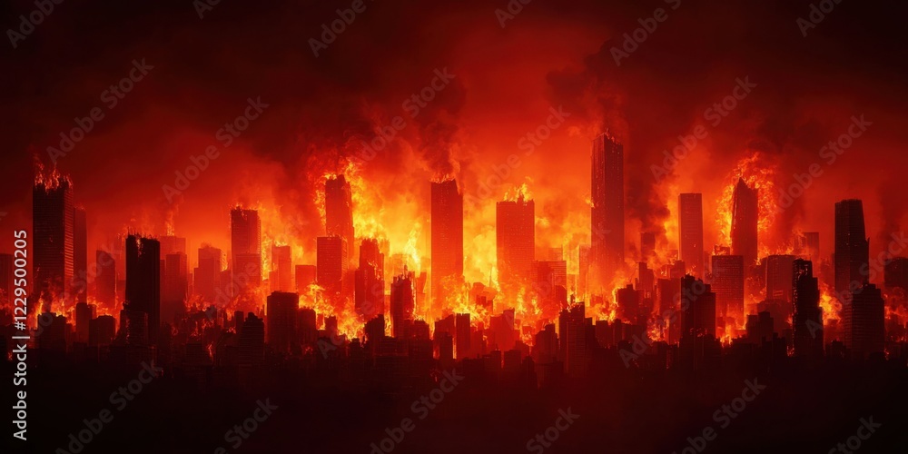 Fototapeta premium Catastrophic urban fire ignites skyscrapers cityscape digital art nighttime dramatic concept